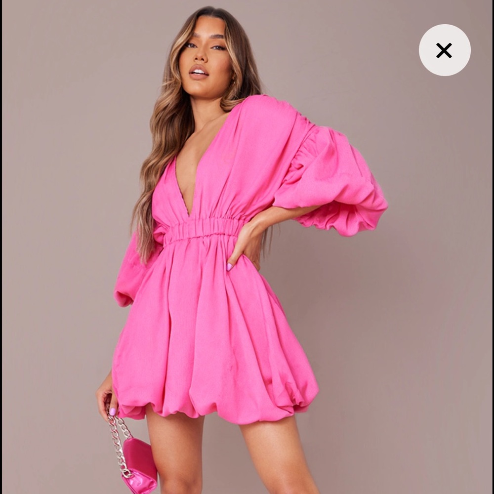 Hot Pink Puff Sleeve Puffball Hem Shift Dress PLT